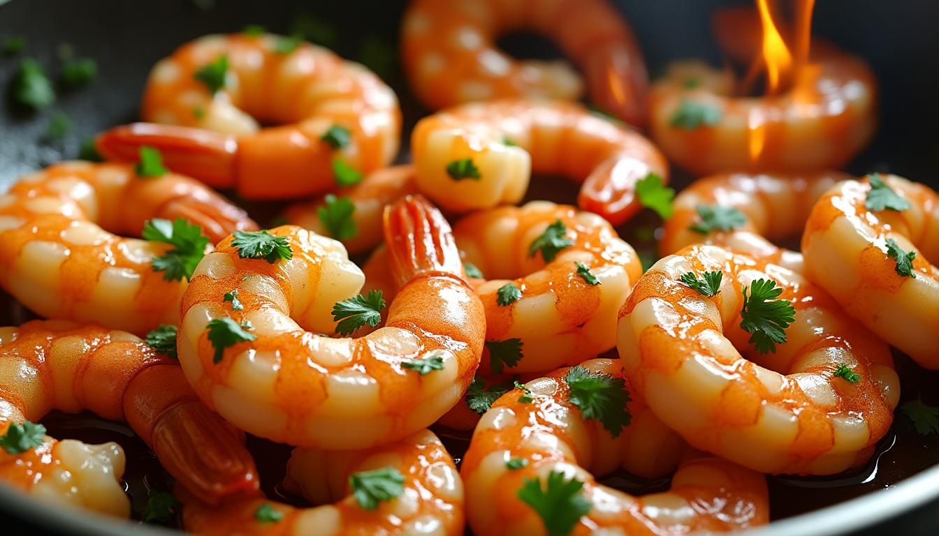 découvrez la recette facile et savoureuse des crevettes flambées au whisky, ail et persil, pour un plat délicieusement parfumé et rapide à préparer.